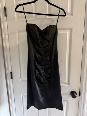 bebe Black Satin Ruched Spaghetti-Strap Mini Dress